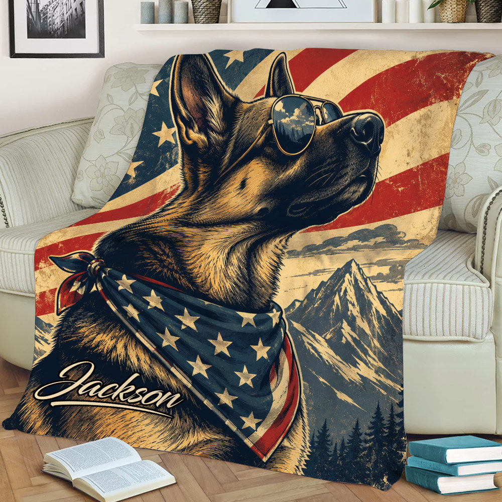 Close view of German Shepherd throw blanket featuring vintage patriotic artwork and mountain scenery