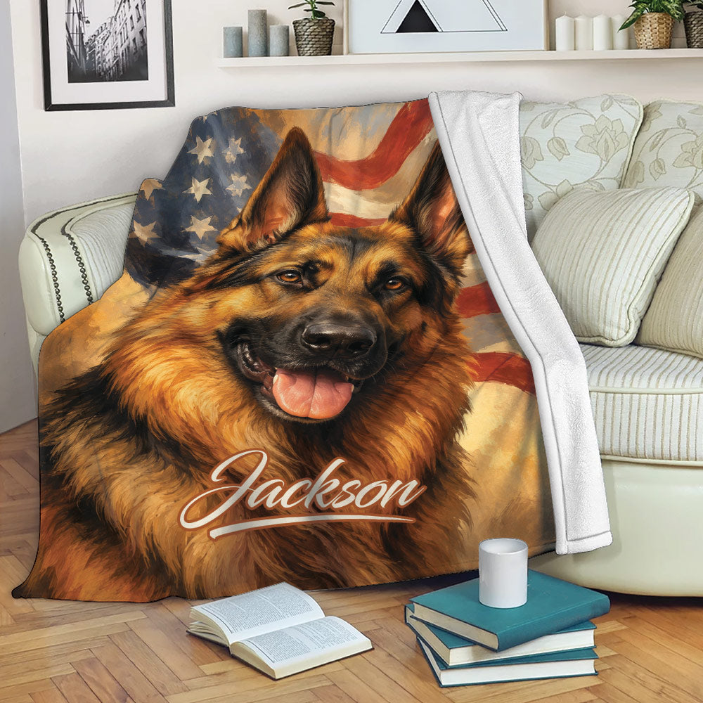 German Shepherd throw blanket displayed on a sofa with patriotic flag artwork