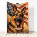 German Shepherd blanket featuring a patriotic American flag background and detailed dog artwork