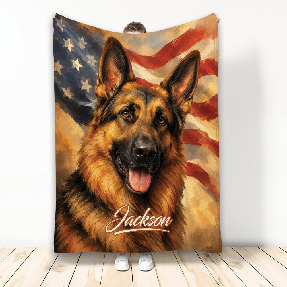 German Shepherd blanket featuring a patriotic American flag background and detailed dog artwork