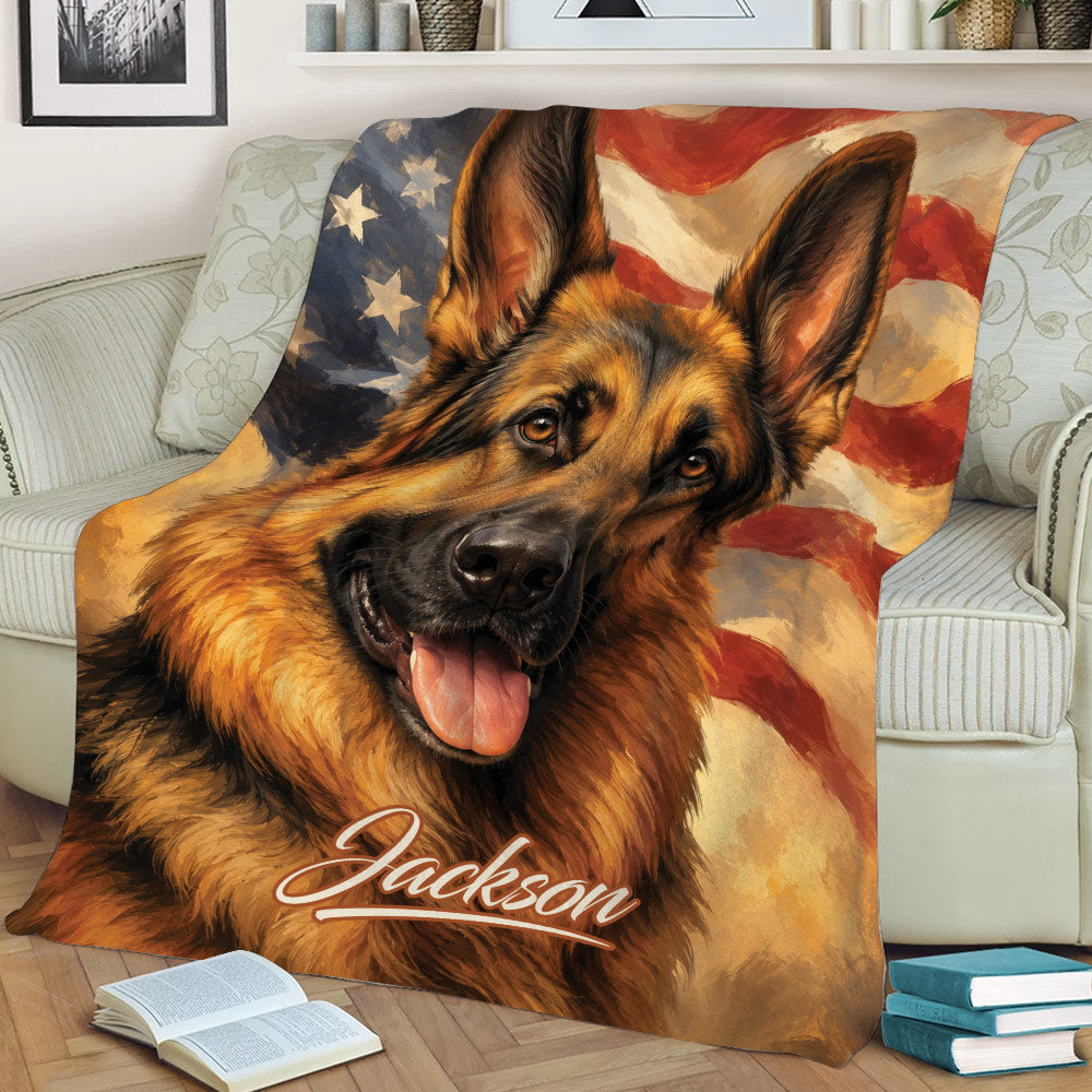 Patriotic German Shepherd throw blanket styled on a couch with detailed dog artwork