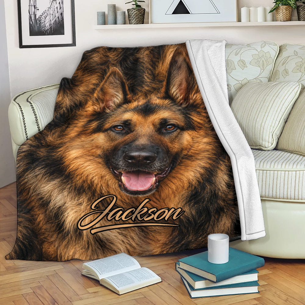 German Shepherd throw blanket draped over a sofa in a cozy living room