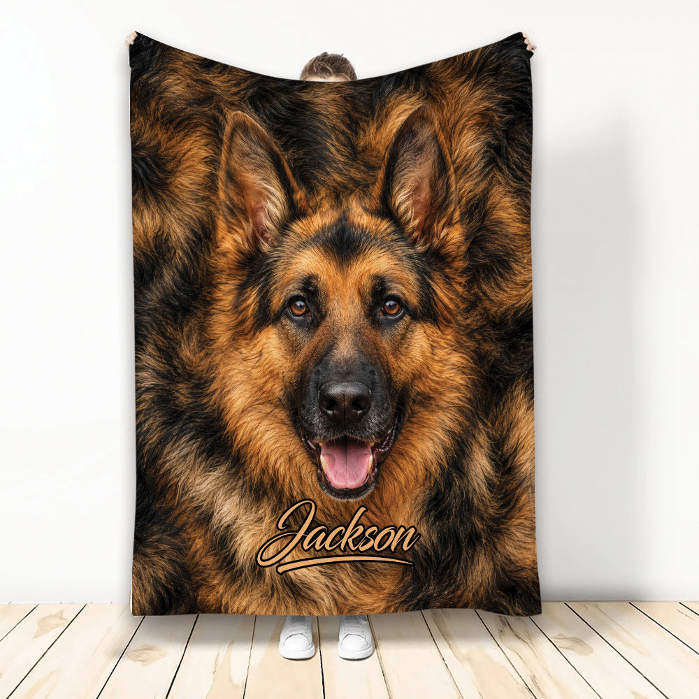 German Shepherd blanket displayed upright with realistic brown and black dog artwork