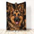 German Shepherd blanket displayed upright with realistic brown and black dog artwork
