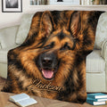 Close-up German Shepherd throw blanket styled across a sofa with realistic dog artwork