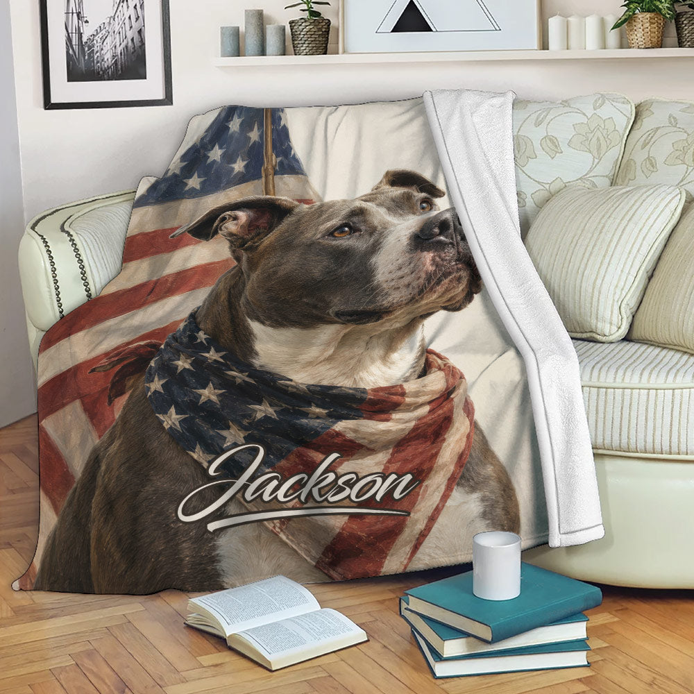 Patriotic pitbull throw blanket draped over a sofa in a cozy living room setting