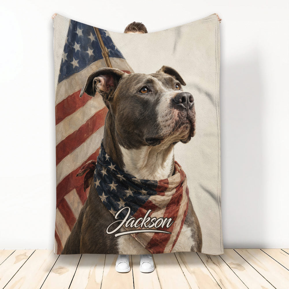 Pitbull throw blanket featuring a patriotic American flag background and realistic dog artwork