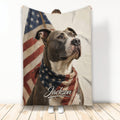 Pitbull throw blanket featuring a patriotic American flag background and realistic dog artwork