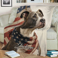 Close-up pitbull blanket displayed on a sofa with realistic artwork and American flag theme