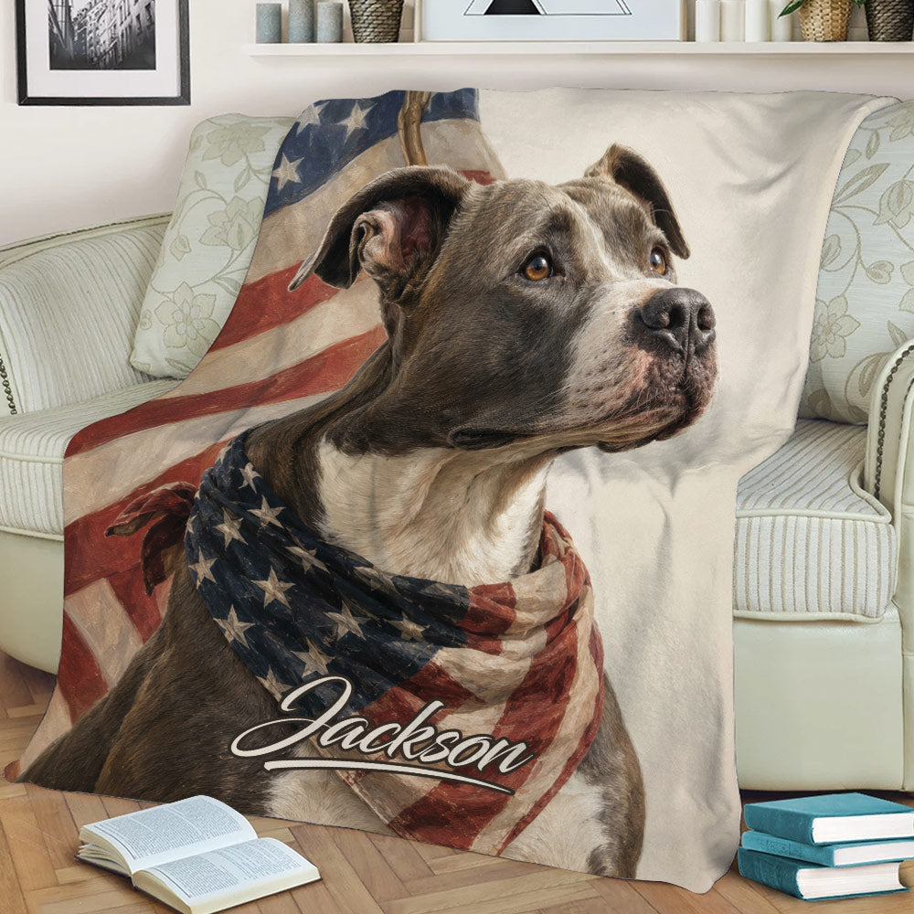Close-up pitbull blanket displayed on a sofa with realistic artwork and American flag theme