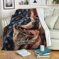 Patriotic pitbull throw blanket displayed on a sofa in a cozy living room