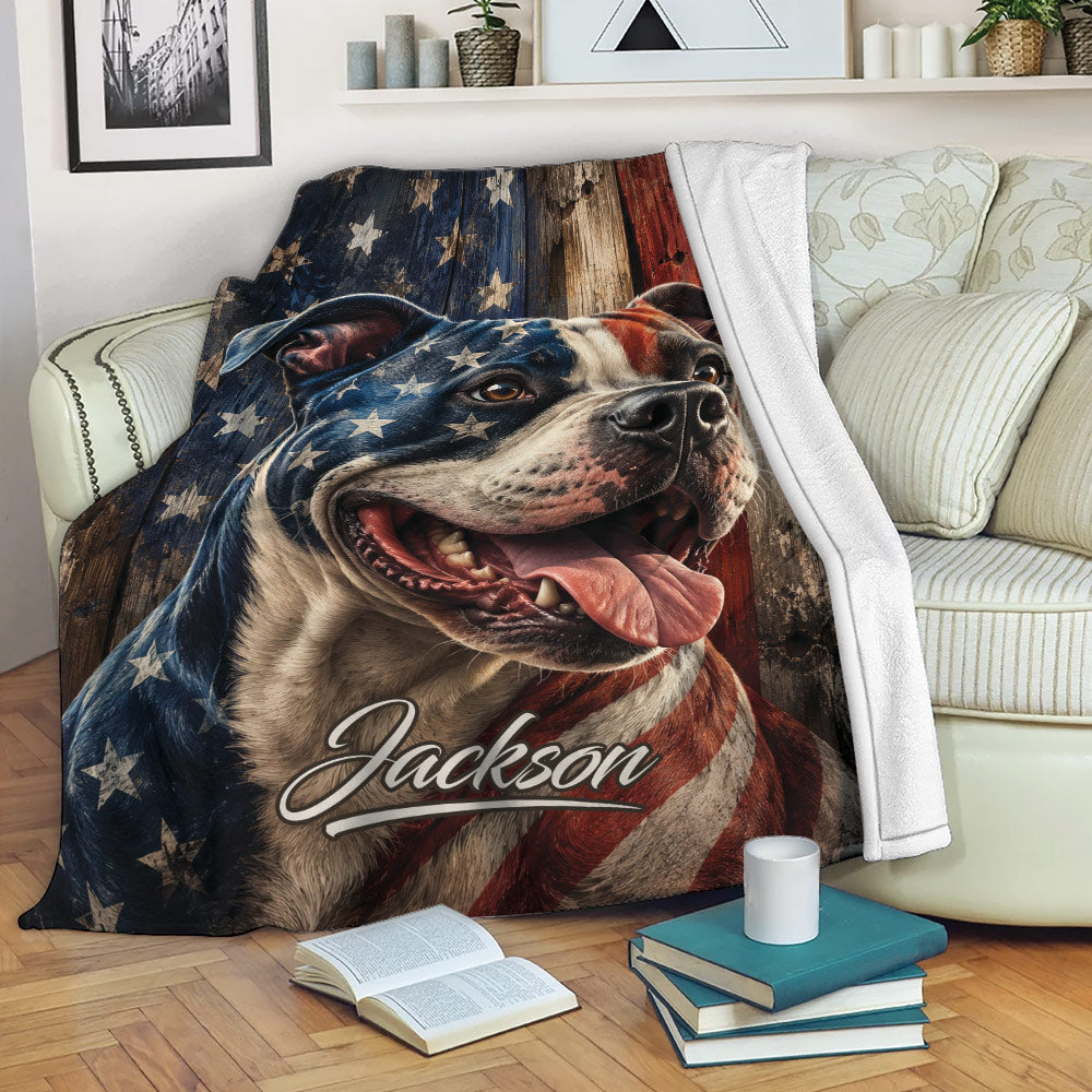 Patriotic pitbull throw blanket displayed on a sofa in a cozy living room
