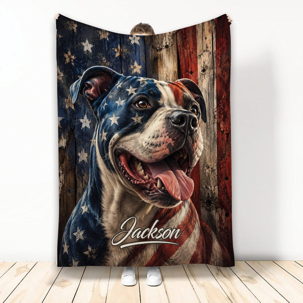 Pitbull blanket featuring a happy dog with a rustic American flag background