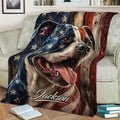Close view of a pitbull blanket with rustic stars and flag-inspired artwork