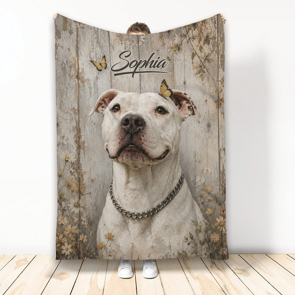 Pitbull throw blanket with rustic wood backdrop, butterflies, flowers, and a white dog portrait