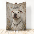Pitbull throw blanket with rustic wood backdrop, butterflies, flowers, and a white dog portrait