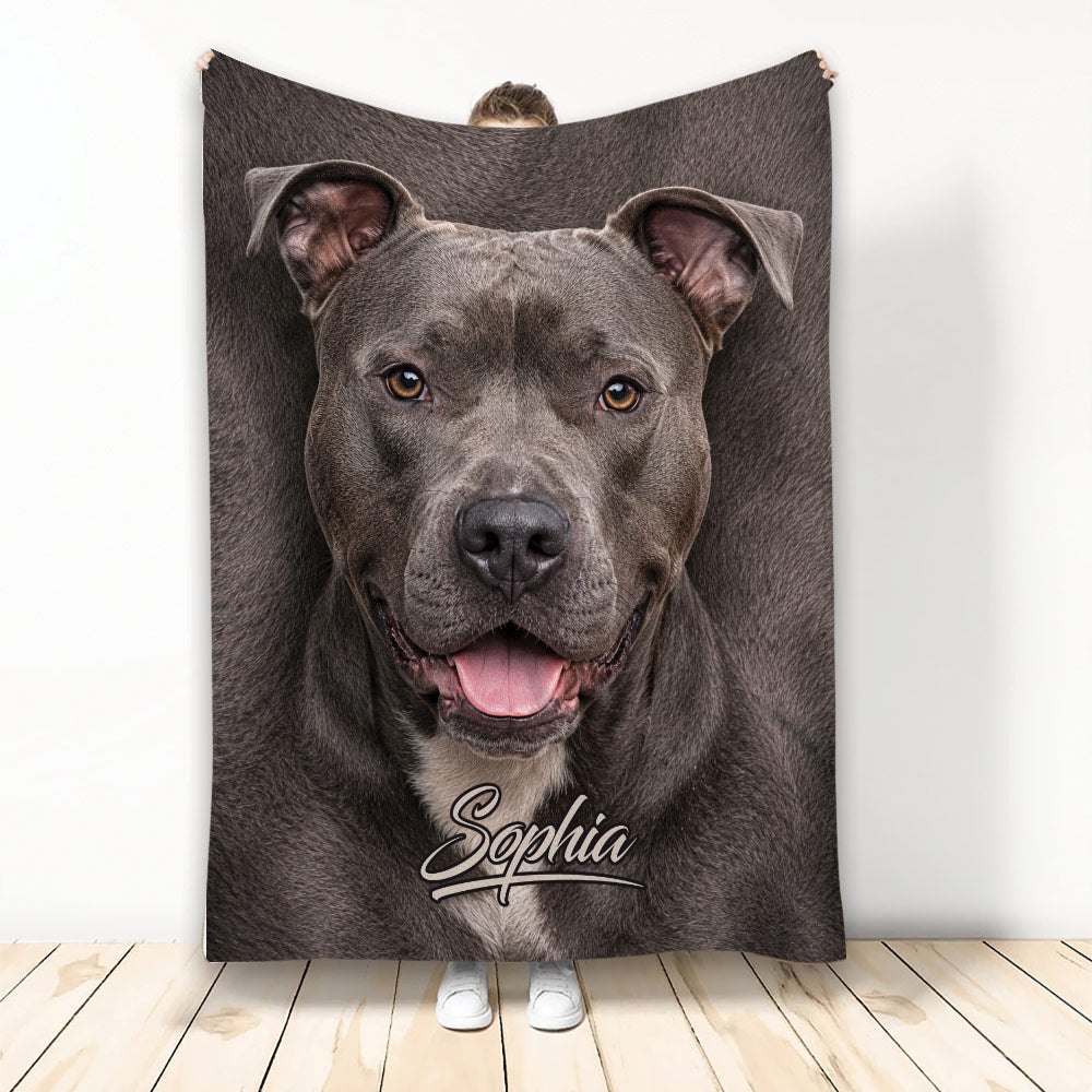Pitbull throw blanket featuring a detailed gray dog portrait in a cozy home presentation