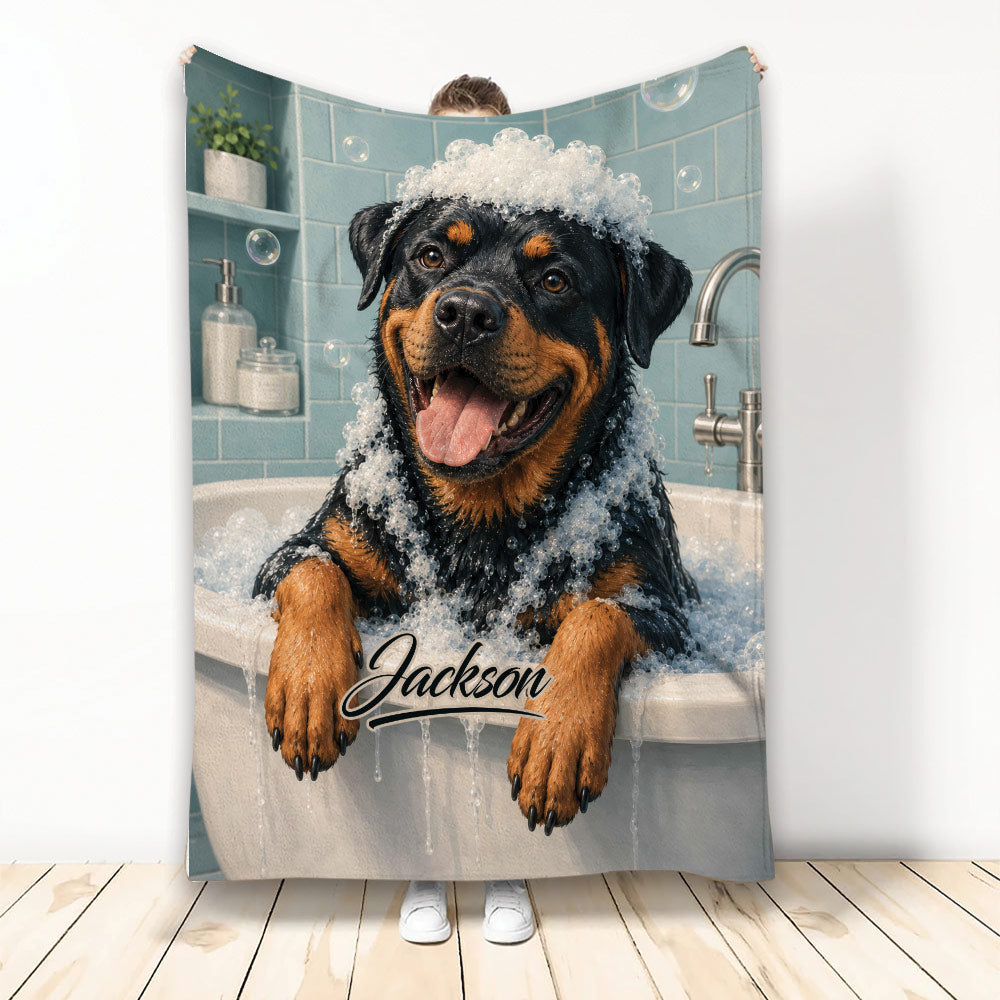 Rottweiler throw blanket displayed upright with a happy soapy dog in a colorful bathroom scene