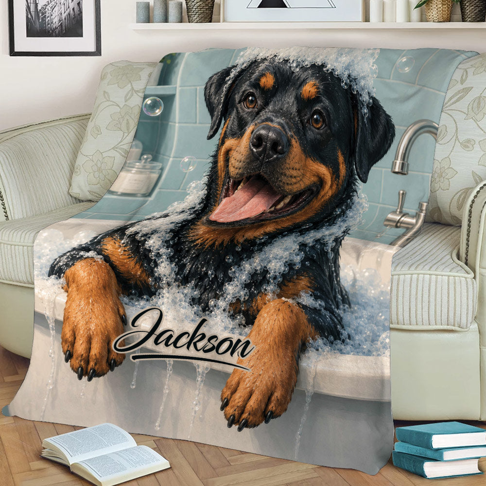 Close view of Rottweiler throw blanket artwork showing a happy dog surrounded by bath bubbles