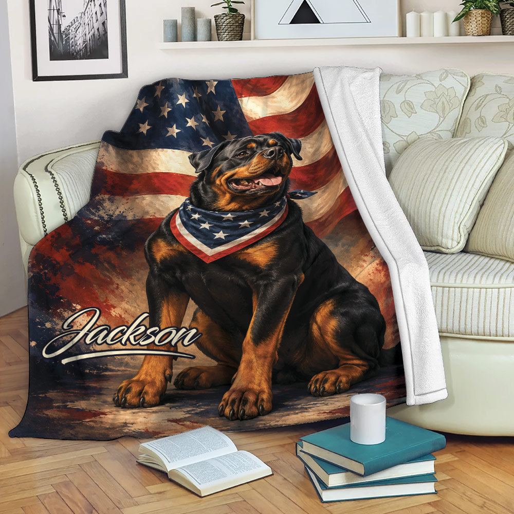 Rottweiler blanket draped over a sofa with patriotic flag artwork and a star-spangled bandana