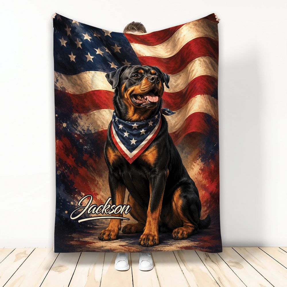 Rottweiler throw blanket featuring a patriotic American flag background and star-spangled bandana