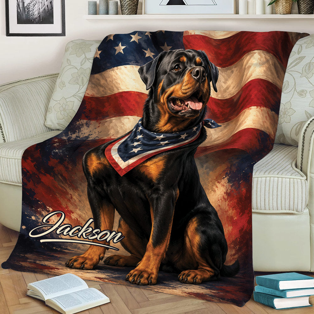 Patriotic Rottweiler throw blanket displayed on a sofa with American flag artwork