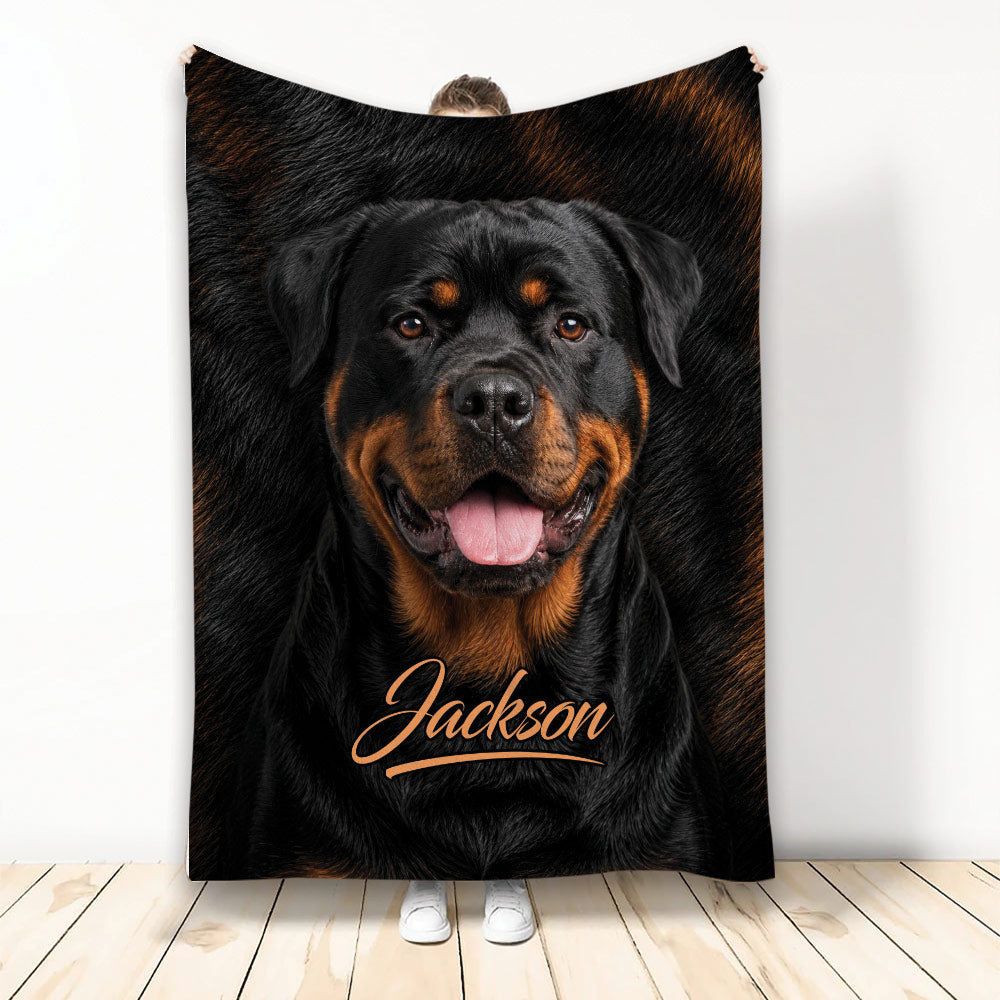 Black and tan Rottweiler artwork displayed on a blanket against a bright room backdrop