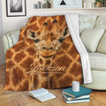 Giraffe blanket draped over a sofa with a realistic wildlife design in warm brown tones
