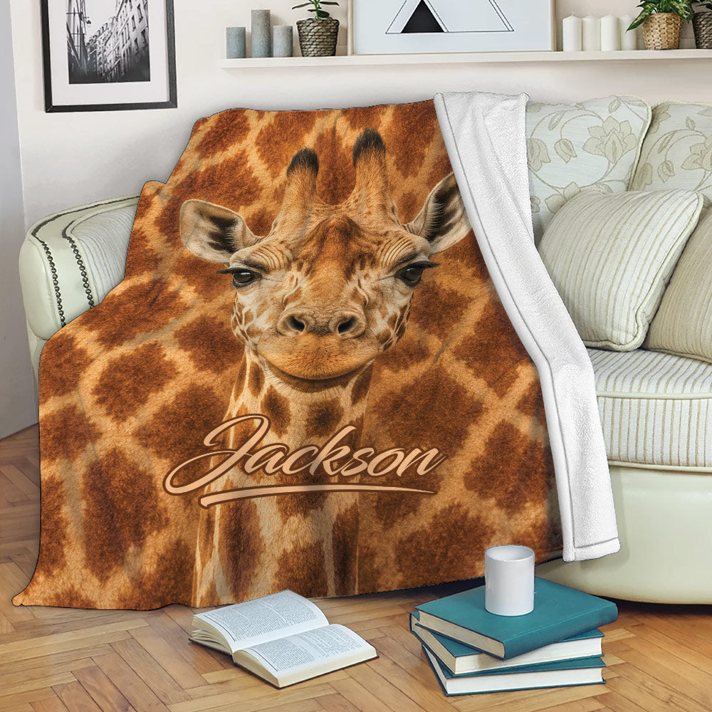 Giraffe blanket draped over a sofa with a realistic wildlife design in warm brown tones