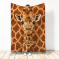 Giraffe throw blanket displayed upright with a realistic giraffe face and warm brown animal print
