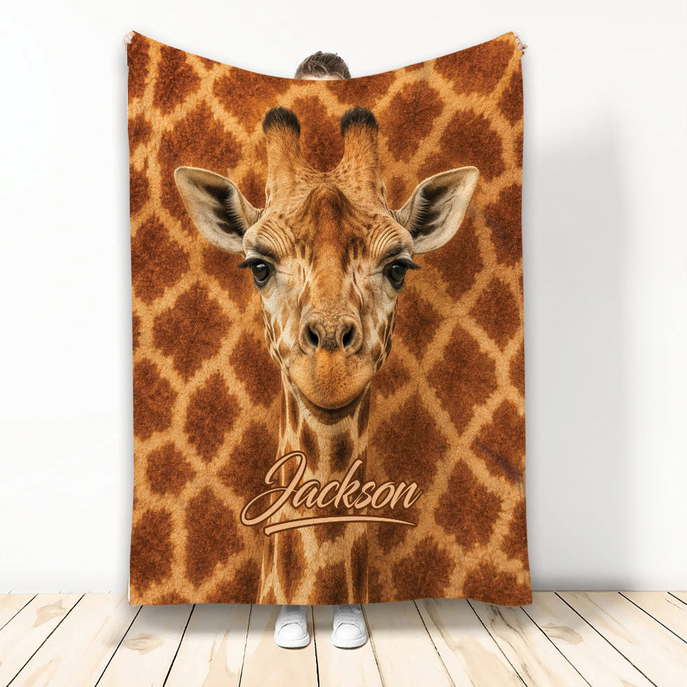 Giraffe throw blanket displayed upright with a realistic giraffe face and warm brown animal print