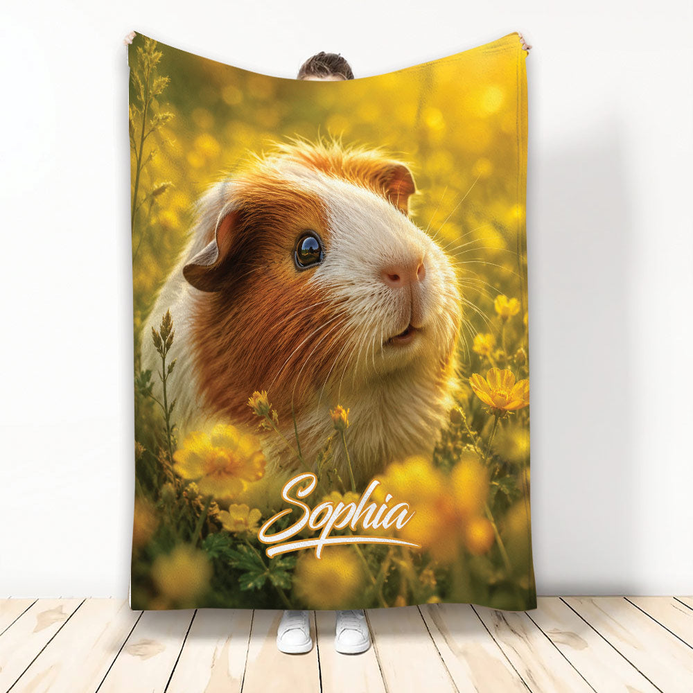 Guinea pig blanket featuring a brown and white cavy in a sunlit yellow wildflower meadow