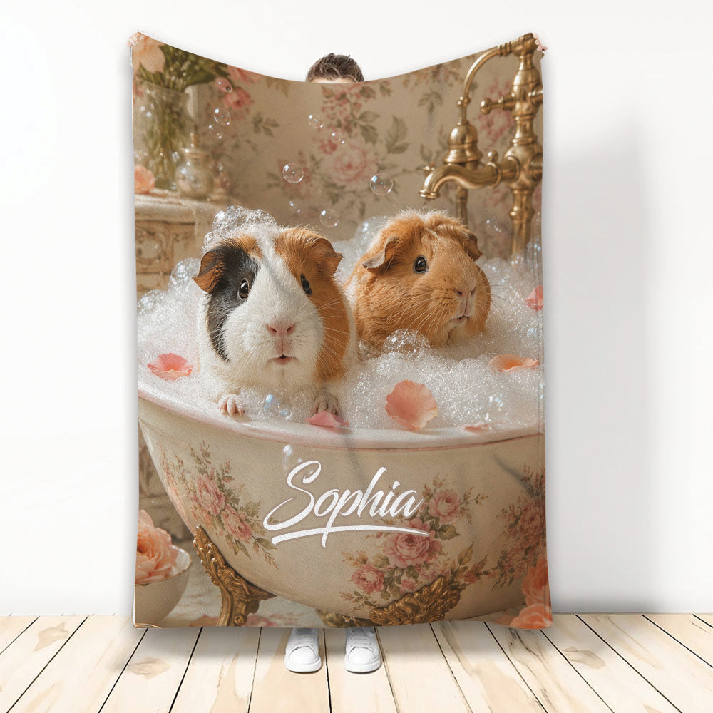 Guinea pig blanket featuring two guinea pigs in a bubbly vintage floral bathtub scene