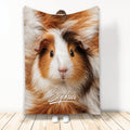 Brown, white, and black guinea pig design displayed on a blanket in a bright room