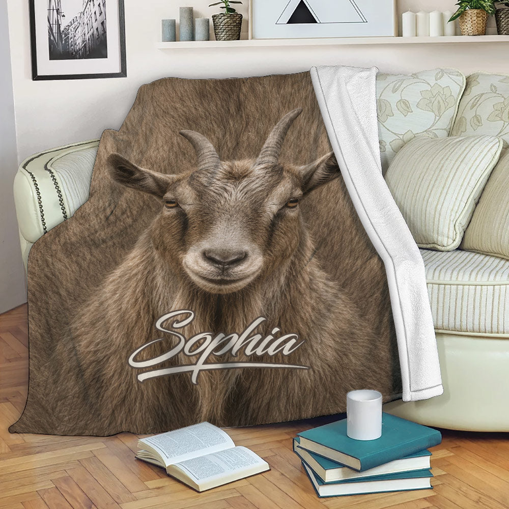 Realistic brown goat throw blanket draped over a sofa in a cozy living room setting