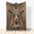 Custom goat throw blanket displayed upright with a realistic brown goat portrait and rustic animal artwork