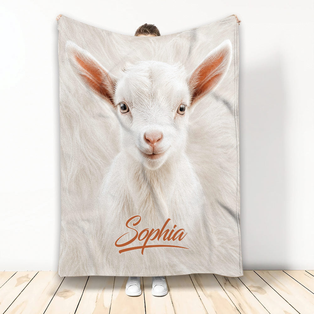 White goat face throw blanket displayed against a light background with warm rustic styling