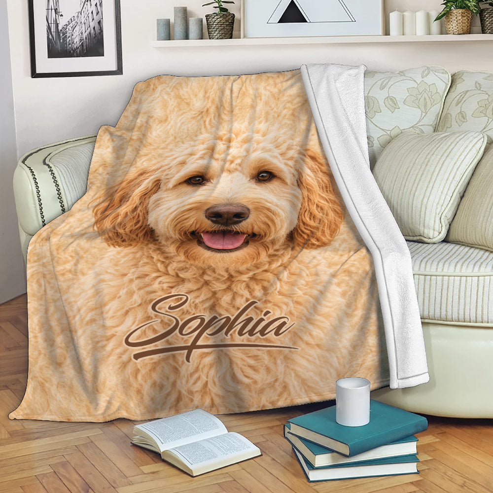 Labradoodle blanket draped over a sofa, featuring a warm golden dog design in a cozy reading space