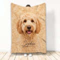 Labradoodle throw blanket with a cheerful curly-coated dog portrait in warm golden tones