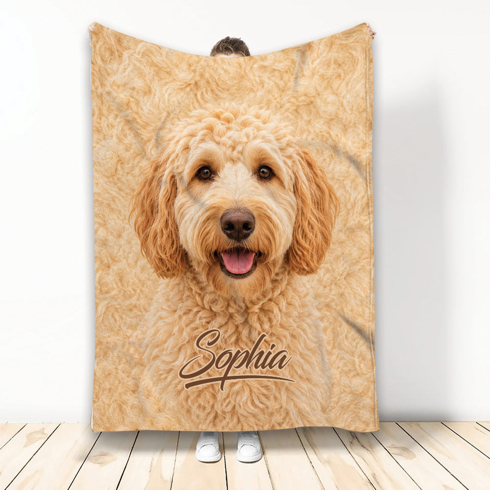 Labradoodle throw blanket with a cheerful curly-coated dog portrait in warm golden tones