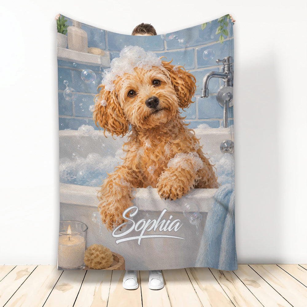 Labradoodle bath time blanket design with a curly apricot dog, bubbles, and blue bathroom details