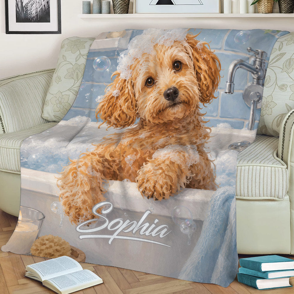 Labradoodle blanket draped over a sofa, featuring a bubbly bath scene in soft blue and apricot tones