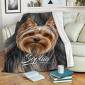 Yorkie blanket displayed on a sofa with a close-up Yorkshire Terrier design and cozy living room setting