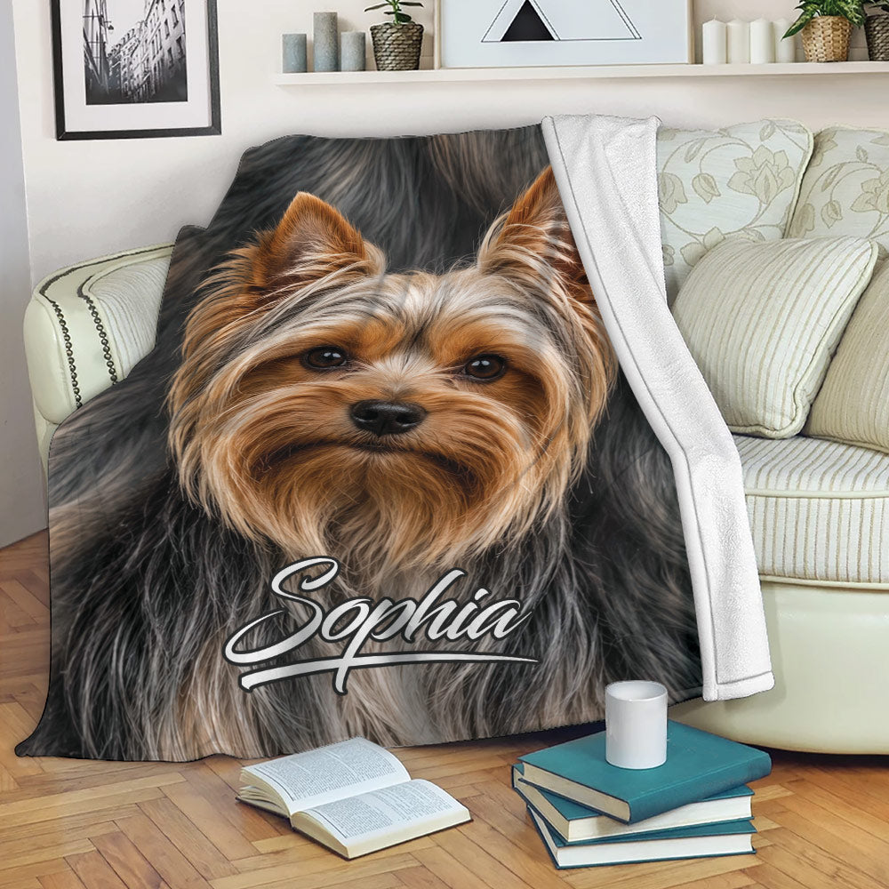 Yorkie blanket displayed on a sofa with a close-up Yorkshire Terrier design and cozy living room setting