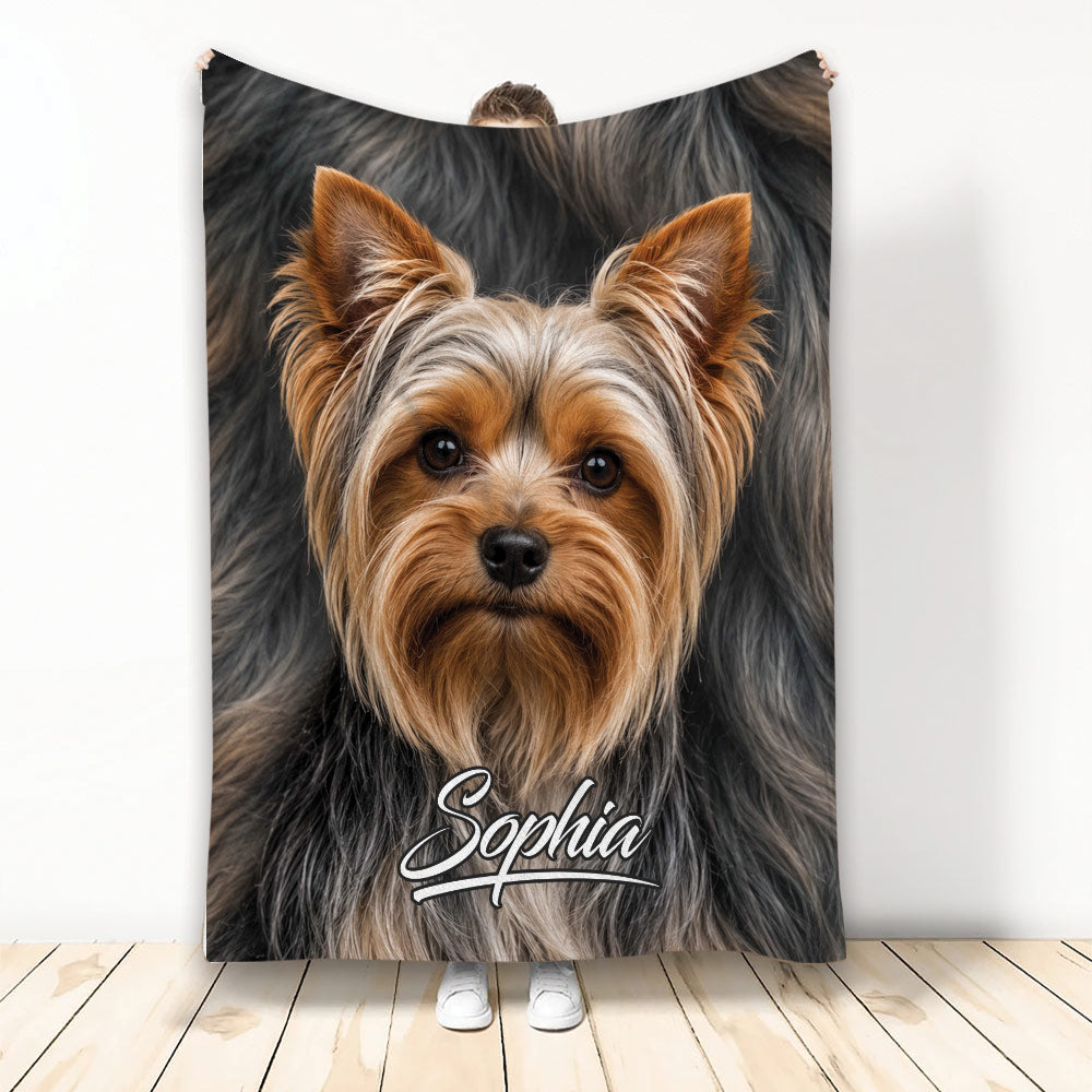 Yorkie throw blanket featuring a detailed Yorkshire Terrier face design in warm brown, tan, and black tones