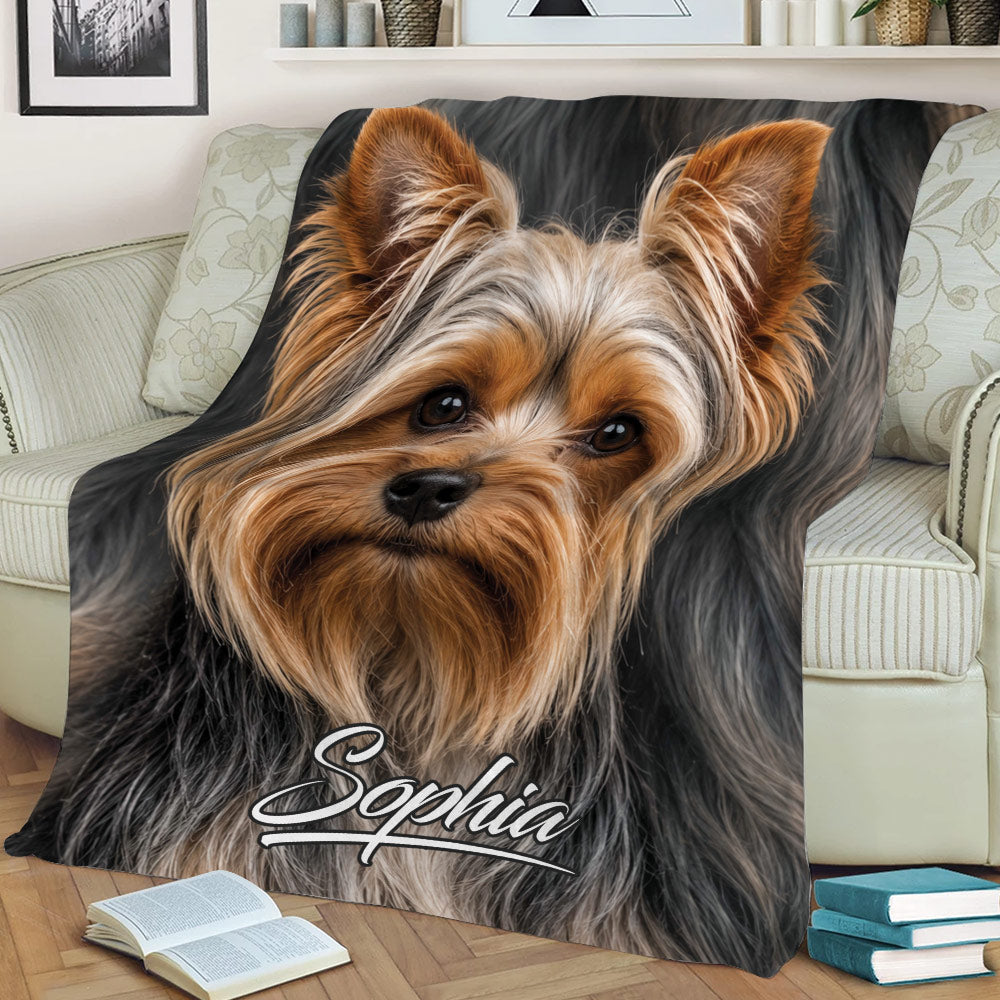 Yorkshire Terrier throw blanket styled across a sofa, featuring detailed Yorkie artwork in rich natural colors