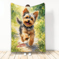 Yorkie blanket featuring a joyful Yorkshire Terrier running along a sunny watercolor garden path