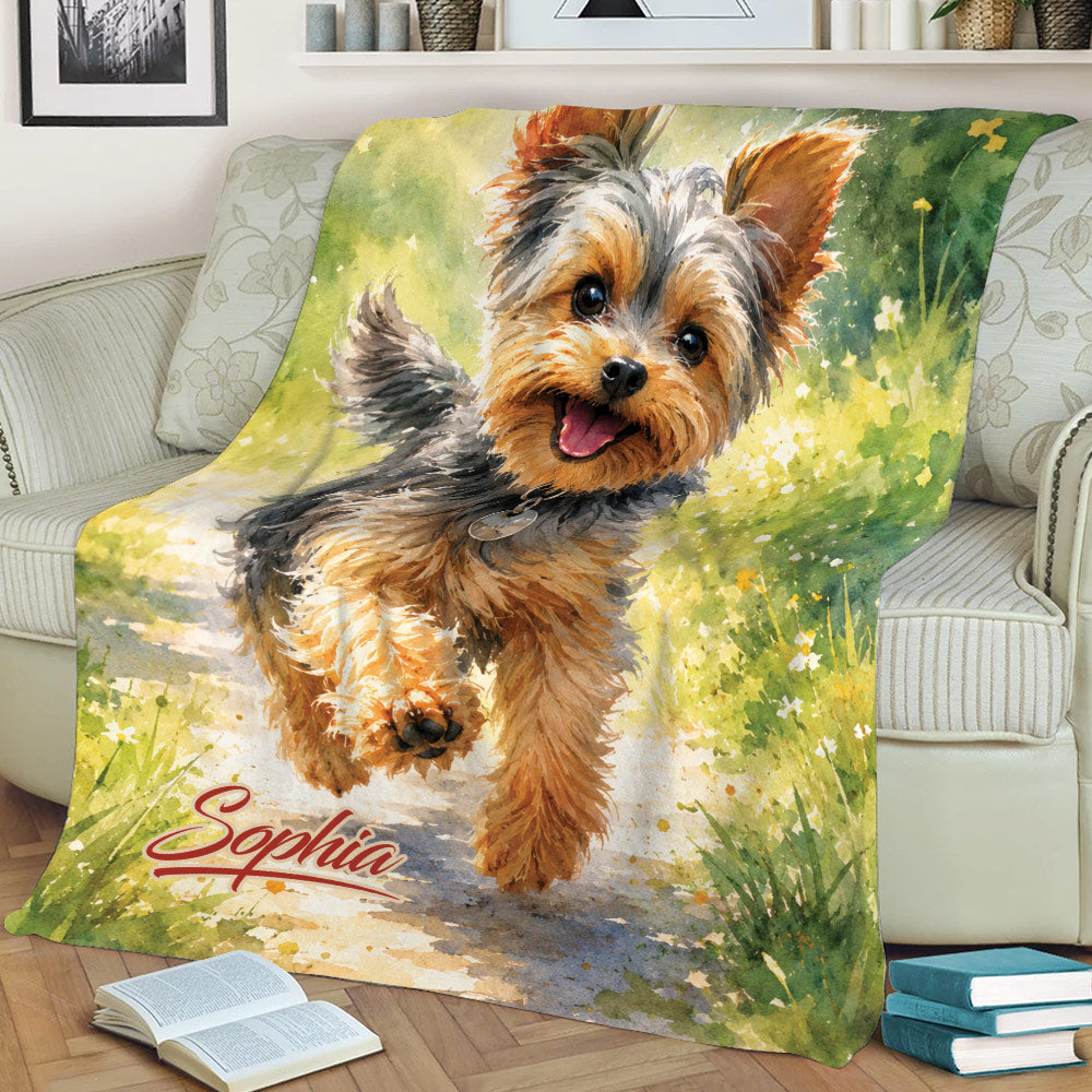 Yorkie couch blanket showcasing a playful Yorkshire Terrier in a bright garden scene