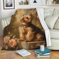 Yorkie throw blanket draped over a couch with Yorkshire Terrier and flower garden artwork