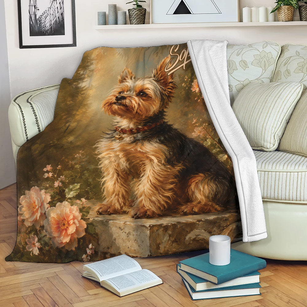 Yorkie throw blanket draped over a couch with Yorkshire Terrier and flower garden artwork